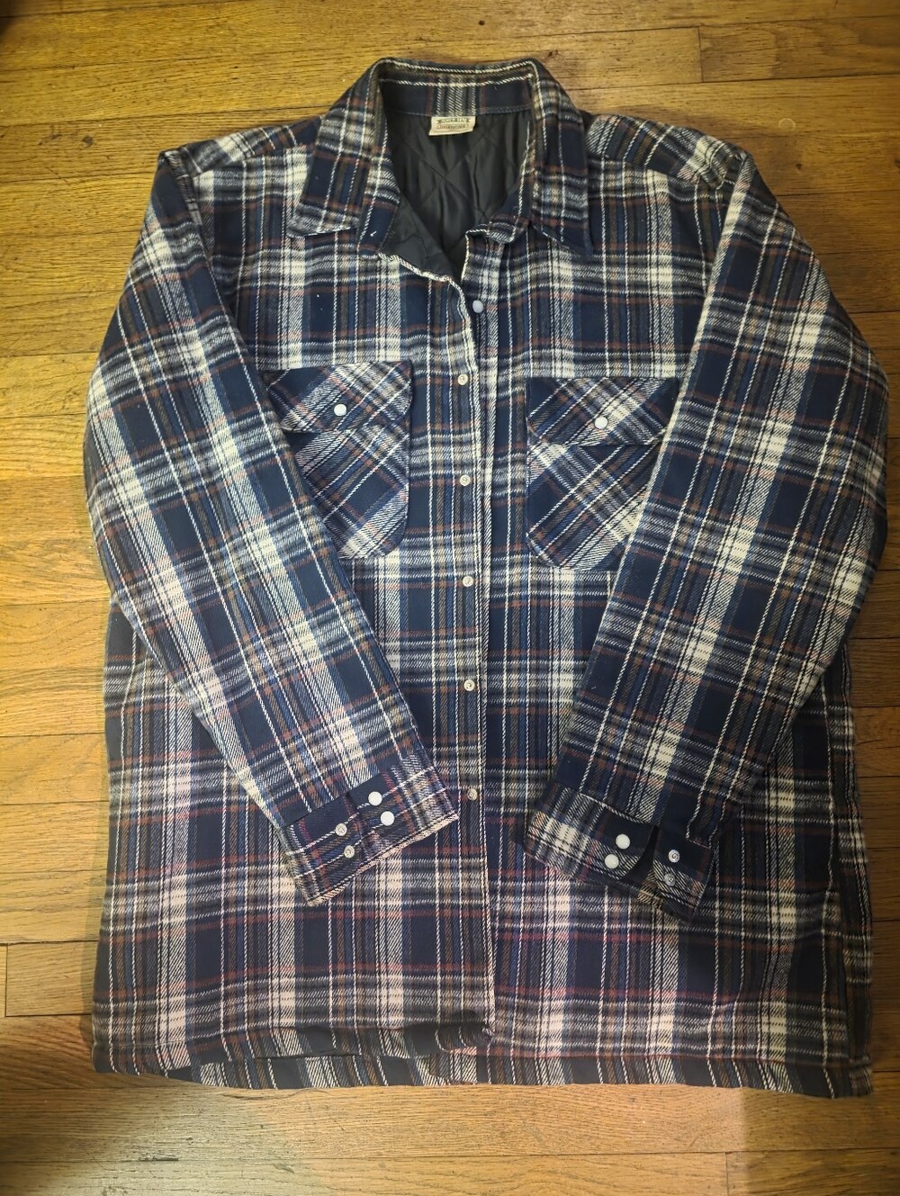 Plaid Button-Up Work Shirt Jacket in Navy and Cream